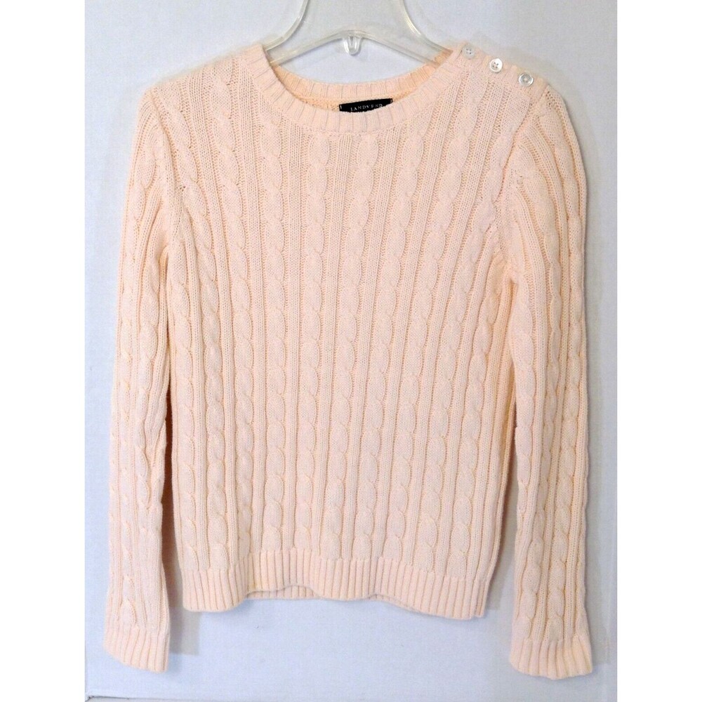 Lands End Sweater Wn XS Pink Pastel Cable Knit Fisherman Cotton Crew Neck Preppy
